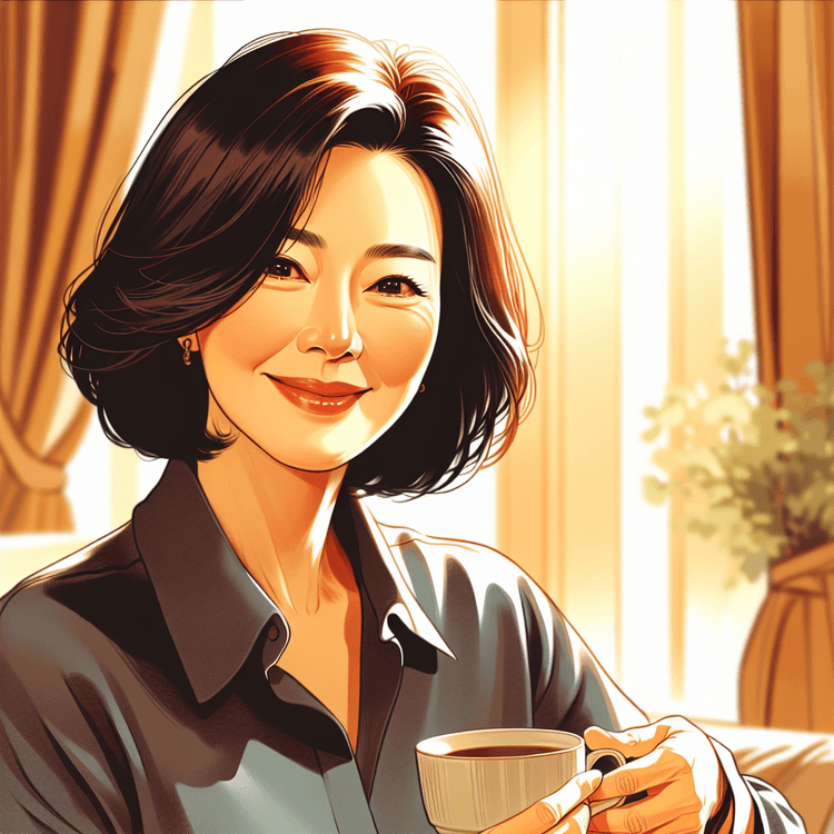 햇살 좋은 창가에서 따뜻한 차를 마시며 편안하게 미소짓는 50대 여성