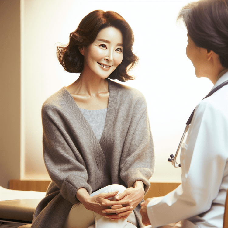 산부인과 진료실에서 의사와 편안하게 대화하는 중년 여성