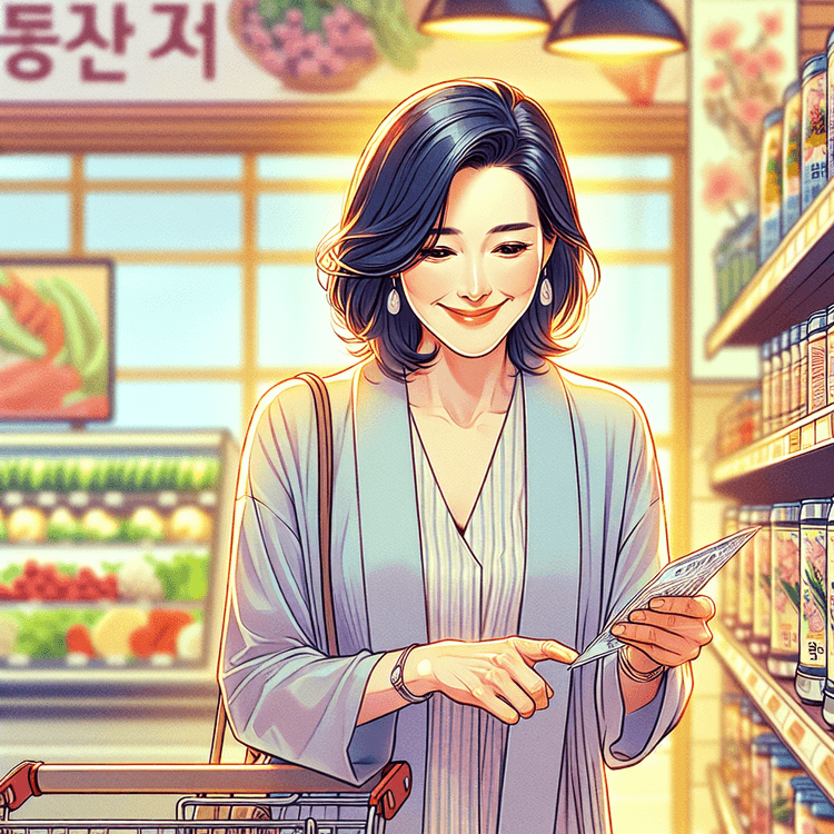 마트에서 식품 성분표를 꼼꼼히 읽는 50대 여성