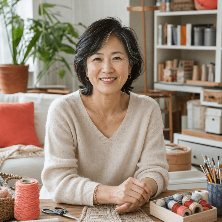 취미실로 꾸민 거실의 50대 여성