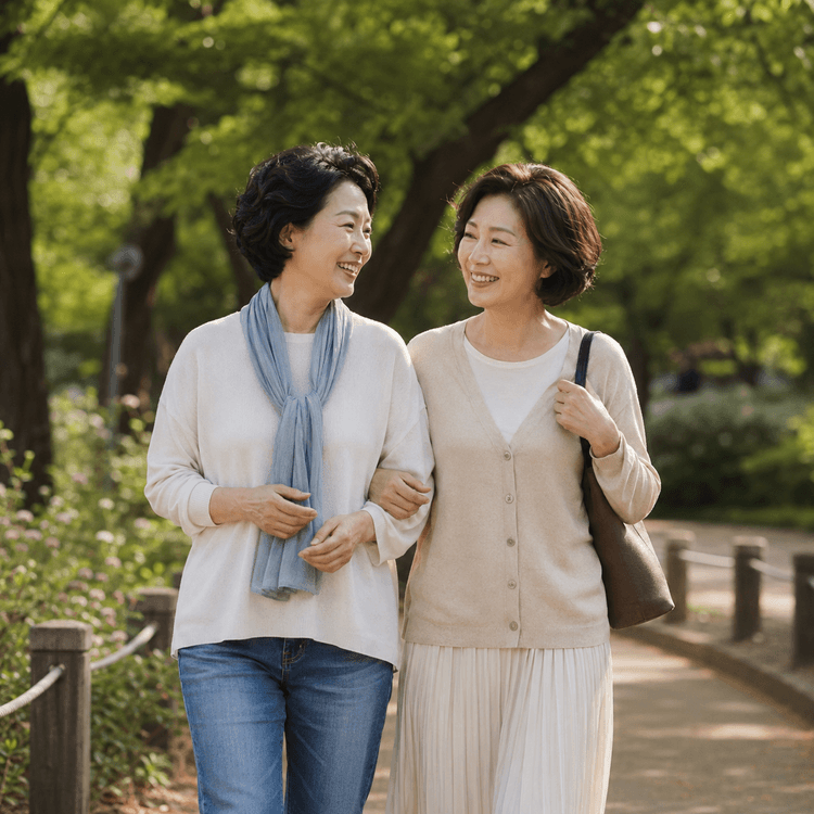 공원을 함께 걷는 두 여성