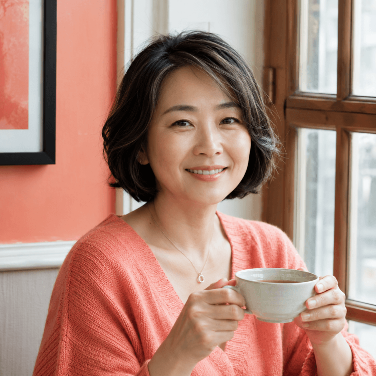 창가에 앉아 차를 마시는 50대 여성