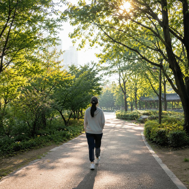 공원 아침 산책 풍경