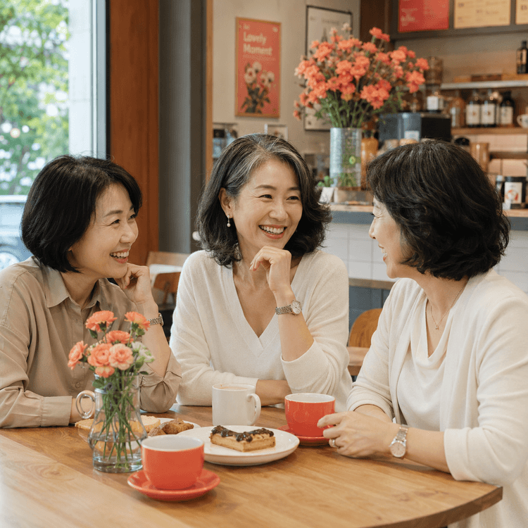 카페에서 대화하는 50대 여성들