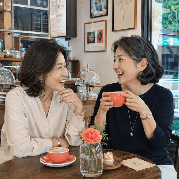 카페에서 대화하는 50대 여성 두 명