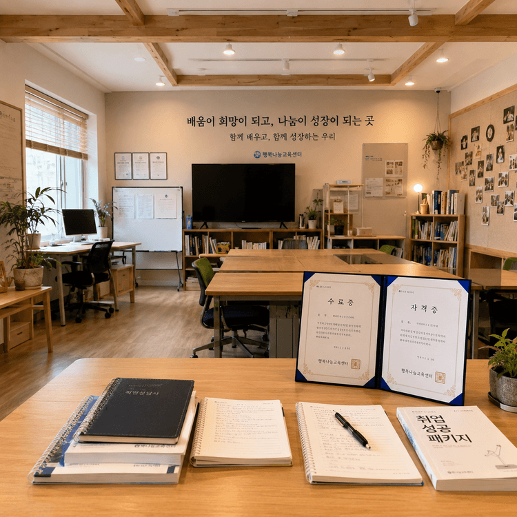 직업훈련 교실 책상 위 자격증