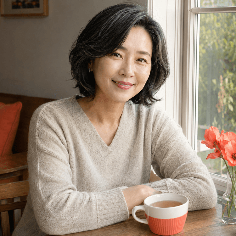 창가에서 차를 마시는 50대 여성