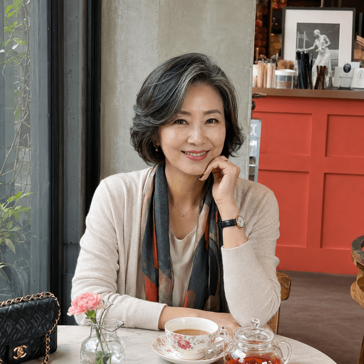 카페에서 혼자 쉬는 50대 여성
