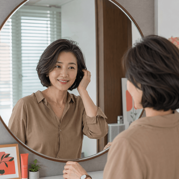 거울 앞에서 흰머리를 확인하는 여성