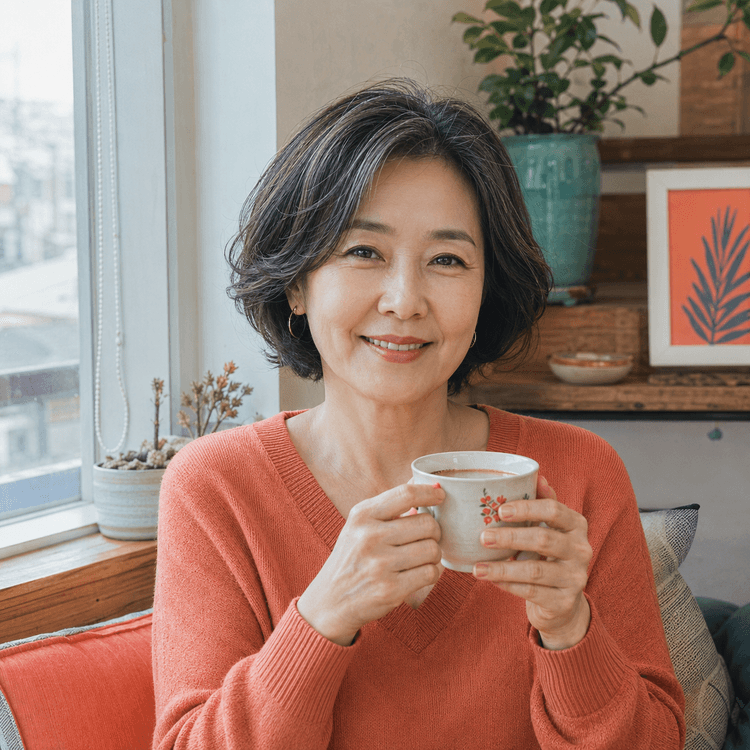 창가에 앉아 차를 마시는 50대 여성