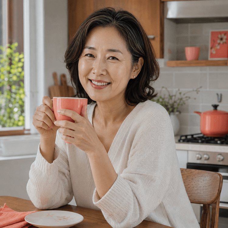 창가에서 생각에 잠긴 50대 여성