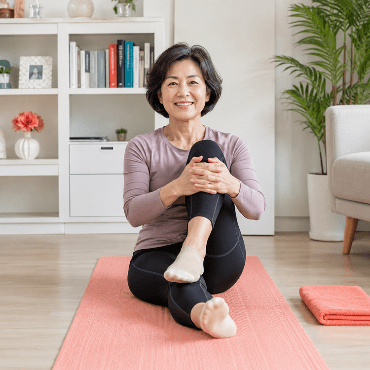 실내에서 무릎 운동하는 50대 여성