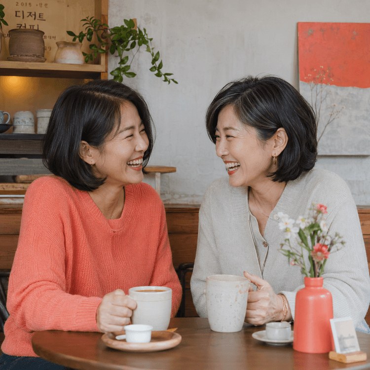 카페에서 웃는 중년 여성 두 명