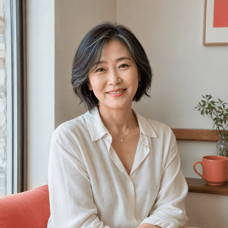 창가에서 차 마시는 50대 여성