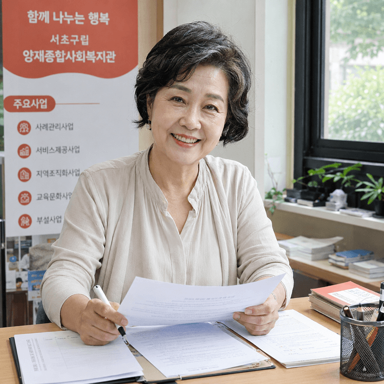 복지관에서 서류 검토하는 60대 여성