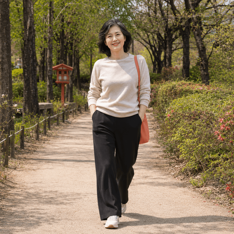 햇살 아래 공원 산책하는 50대 여성