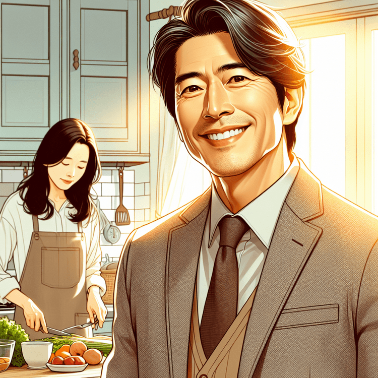 햇살 좋은 아침 부엌에서 채소와 과일로 건강한 식사를 준비하는 50대 여성