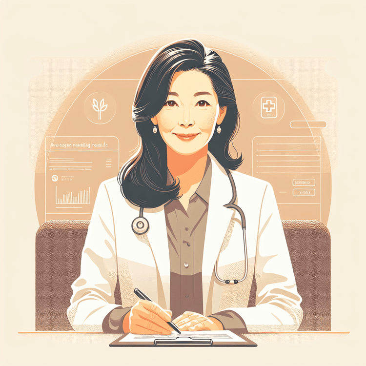 의사와 검진 결과지를 함께 보며 상담하는 중년 여성