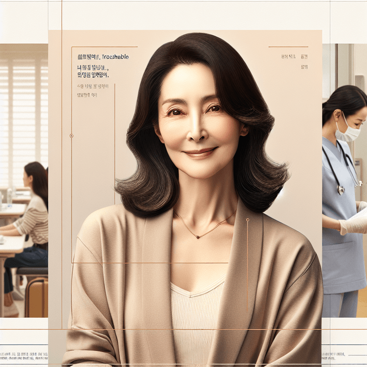 병원 검진센터에서 서류를 들고 안내받는 50대 여성