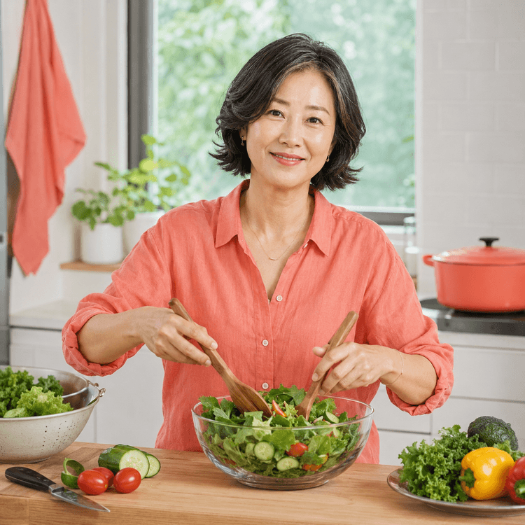 부엌에서 샐러드를 준비하는 50대 여성